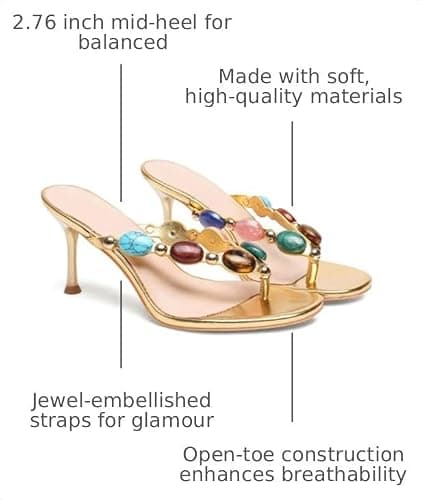 Oakmoo Women's Jeweled Thong Strappy Sandal Summer Kitten Heels Flip Flop | jeweled sandals for women,gold kitten heel flip flop heel,thong sandal heels,fun heel,jeweled thong strap sandals,gold sandal thumbnail 3
