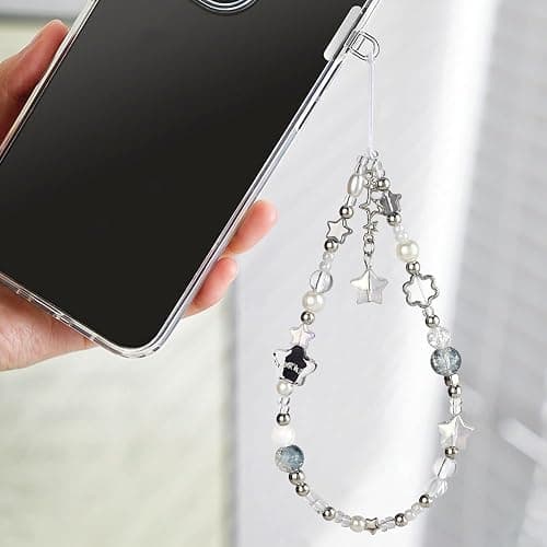 Silver Star Phone Chain Pearl Beaded Phones Charm Cute Cellphone Lanyard Wrist Strap for Key Cellphone Wristlet Phone Case Charms Beaded Keychain Wristlet Bag Charm for Handbag Keychain Accessories thumbnail 3