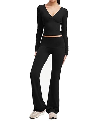 SUUKSESS Women 2 pieces Lounge Sets Long Sleeve V Neck Tops Fold Over Flare Leggings - Image 1