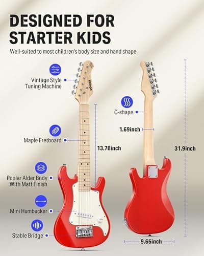 Donner 30 Inch Kids Electric Guitar Beginner Kits ST Style Mini Electric Guitar for Boys Girls with Amp, 600D Bag, Tuner, Picks, Cable, Strap, Extra Strings, DSJ-100, Red thumbnail 2