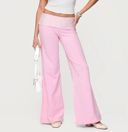 Yoawdats Fold Over Yoga Pants for Women Wide Leg Sweatpants Low Rise Flare Lounge Pant Bell Bottoms Y2K Foldover Pants thumbnail 5