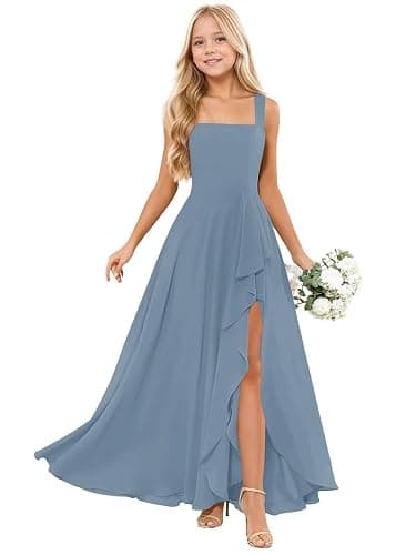 Basgute Chiffon Junior Bridesmaid Dresses for Wedding Long Ruffles Slit Flower Girl Dress A Line Formal Gown - Image 1