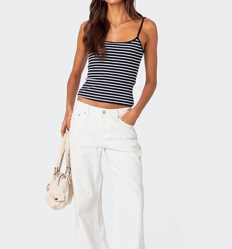 Women Stripe Print Cami Top Y2k Spaghetti Strap Backless Crop Tank Aesthetic Sleeveless Slim Fit Going Out Tops thumbnail 6