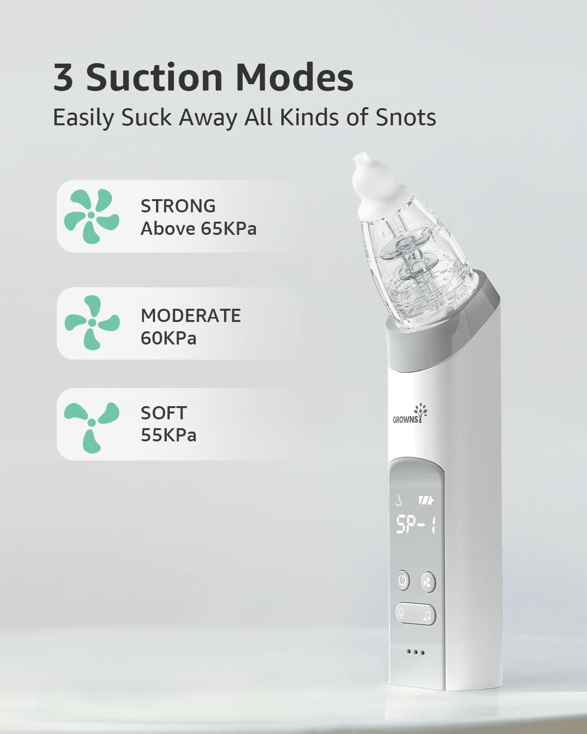GROWNSY Nasal Aspirator for Baby, Electric Nose Aspirator for Toddler, Baby Nose Sucker, Automatic Nose Cleaner with 3 Silicone Tips, Adjustable Suction Level, Music and Light Soothing Function (Gray) thumbnail 5