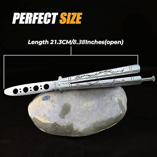 VORNNEX Practice Butterfly knife Trainer with Sure Spring Latch, Full Stainless Steel Black Dull Balisong, Unsharpened Butterfly knives Comb for CSGO Training(Silver) thumbnail 7