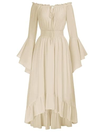 Scarlet Darkness Renaissance Dress Women Off Shoulder Bell Sleeve Dress | Bell Sleeve, Pockets, High Low Hem, for Fairy Goth Halloween Pirate Party - Image 1