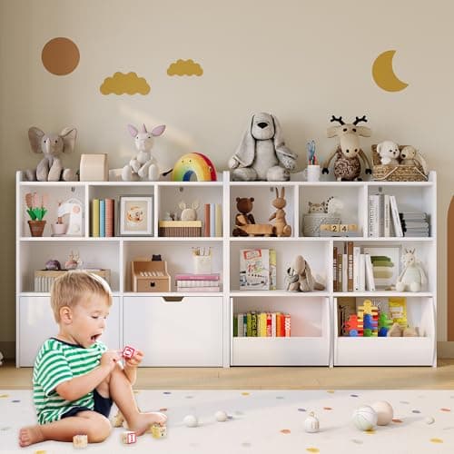 Garvee Toy Storage Organizer with Movable Drawers, Kids Bookshelf with Hidden Wheels & Open Cubbies, Multifunctional Floor Storage Chest for Playroom, White thumbnail 4