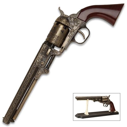 Outlaw Revolver Replica with Stand | 6 1/2" Stainless Steel Barrel | Wooden Grip | Includes Display Stand | Authentic Replica thumbnail 3