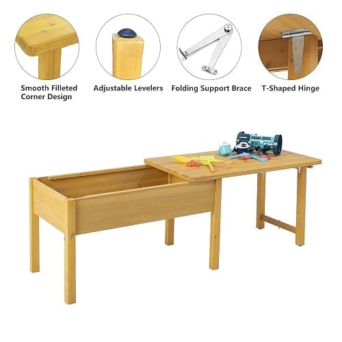 BIRASIL Wooden Kids Sensory Tables with Folding Lid, Activity Table for Children, Elevated Play Tables with Storage for Indoor Outdoor, Yellow thumbnail 4