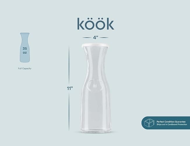 Kook Glass Carafe, Mimosa Bar Supplies, Carafe Pitchers with Lid, Glass Water Pitcher, Drink Dispensers for Parties, Tea, Wine, and Juice, Plastic Lids, Dishwasher Safe, 35 oz (set of 4) thumbnail 3