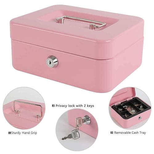 xydled Locking Steel Medium Cash Box with Removable Coin Tray and Key Lock,7.87"x 6.30"x 3.54",Pink thumbnail 7