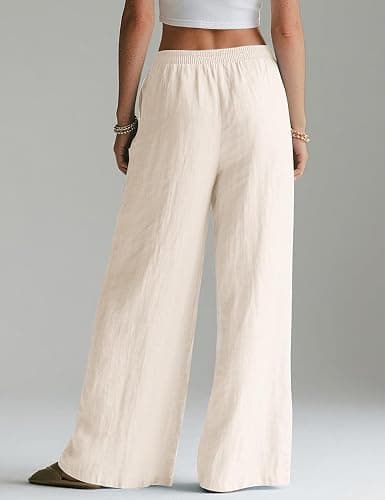 LOMON Linen Pants Women Wide Leg Palazzo Summer Flowy Pants Beach Vacation Clothes Elastic Waist Travel Trousers with Pockets thumbnail 4