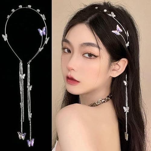 E EMZHOLE Wedding Butterfly Headband Head Chain Silver Tassel Hair Hoop Band Hair Vine Vintage Decorative Headwear Headpieces Hair Accessories for Women and Girls Headdress (01) thumbnail 2