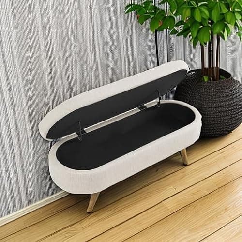 ECLYL Oval Storage Bench 43.5" Linen Fabric Upholstered Entryway Bench with Solid Wood Legs Ottoman Bench Indoor Bench for Living Room/Bedroom/End of Bed/Entryway (Beige) thumbnail 5