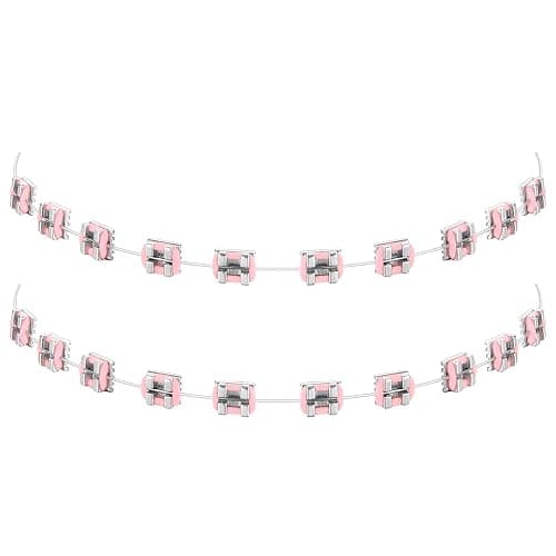 TrelaCo 1 Pack Fake Braces Artificial Tooth Decoration with Metal Wires Metal Bracket and Orthodontic Ligature Ties Practice Props for Dental Students Orthodontist Explain Props(Pink,Without Hook) - Image 1