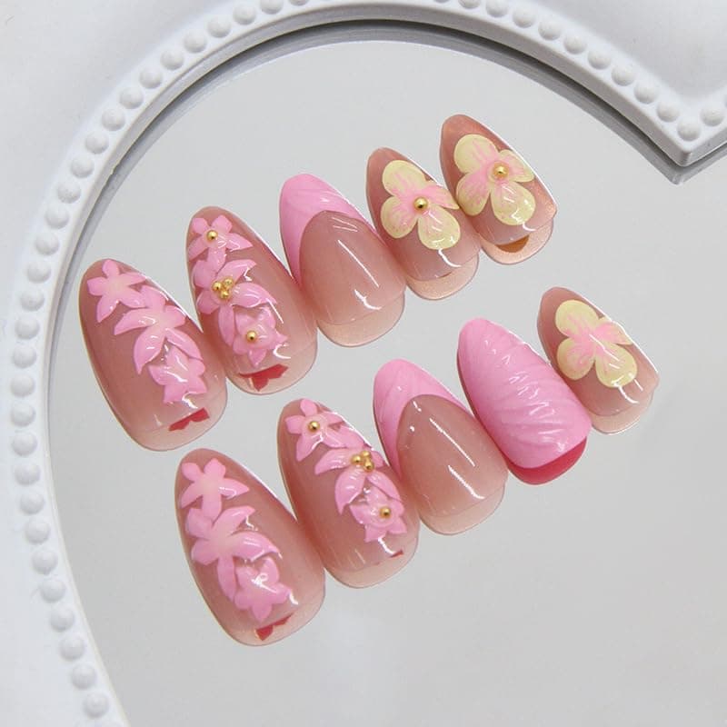 Press on Nails, 3D Summer Frost Ombre Nails - Icy Flower Gradient, Artificial Nails for Women and Girls -24 pcs thumbnail 3