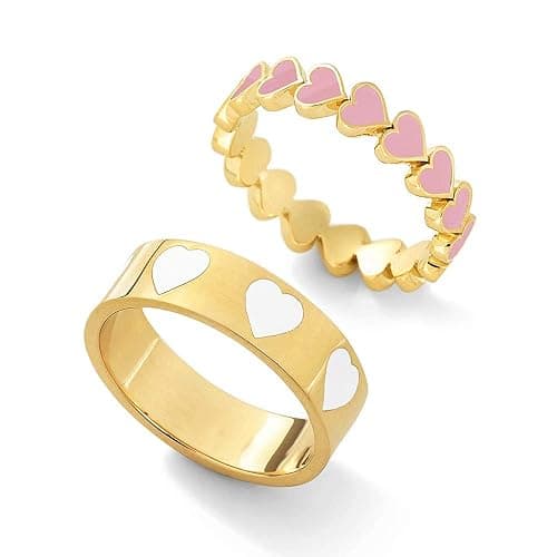 YOOESTORES82 2PCS Colorful Heart Ring Band Rings Set for Women Couple Cute Love Heart Plain Stackable Finger Rings Wedding Preppy Jewelry Gift - Image 1