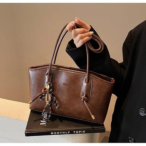 Vintage Shoulder Bags for Women Brown Purse Fall Hobo Handbag Faux Leather Shoulder Purse with Cute Pendant thumbnail 4