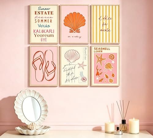 6 Pcs Coastal Style Poster Wall Art,Pink Orange Preppy Style Painting Picture Wall Decor,Beach Seashell and Starfish Canvas Print Artwork,for Bathroom Girl Room Dormitory Home Decoration Unframed thumbnail 8