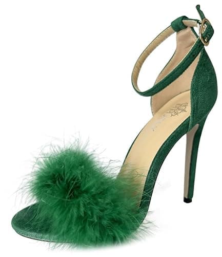 MMJULY Women's Open Toe Ankle Strap Fluffy Feather Stiletto High Heel Dress Sandal - 9 - Green