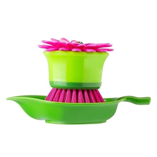 Vigar Flower Power Palm Dish Scrub Brush with Holder - Pink, Green | Kitchen Brushes for Dishes, Sink Brush, Cleaning Brushes for Household Use thumbnail 3