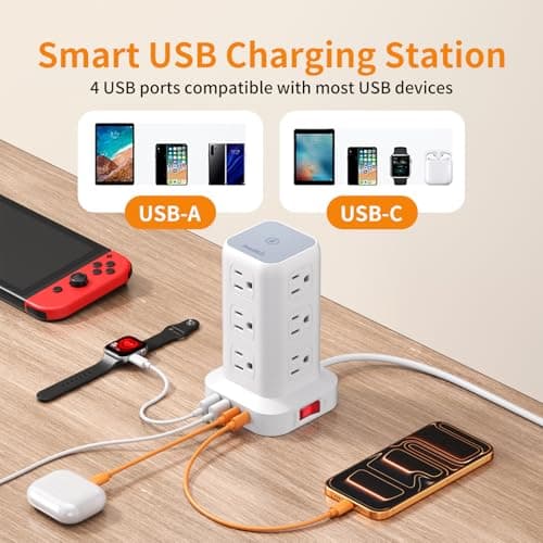 Extension Cord with Multiple Outlets, SMALLRT Surge Protector Power Strip Tower, Outlet Extender with 12 AC Outlets 4 USB, 6.5FT Extension Cord for Home Dorm Room, Office Supplies,Overload Protection thumbnail 6