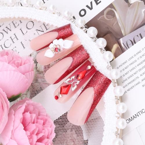 24Pcs Red French Tip Press on Nails Long Coffin Fake Nails 3D Flower Stick on Nails with Glitter Butterfly Rhinestones Red Gems Design Full Cover False Nails Artificial Glue on Nail Supply for Women thumbnail 3