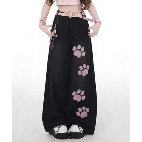 Kawaii Cat's Claw High Waisted Wide Leg Jeans for Women Y2K Harajuku Fashion Denim Pants with Patchwork Design thumbnail 5