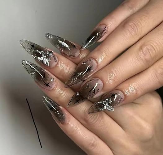 MouyouGlow Press on Nails Mittellang,Almond Sheer Schwarz 3D Schmetterling Star Print Y2K Fake Nails mit Nagelkleber,Gothic Künstliche Fingernägel - Image 1