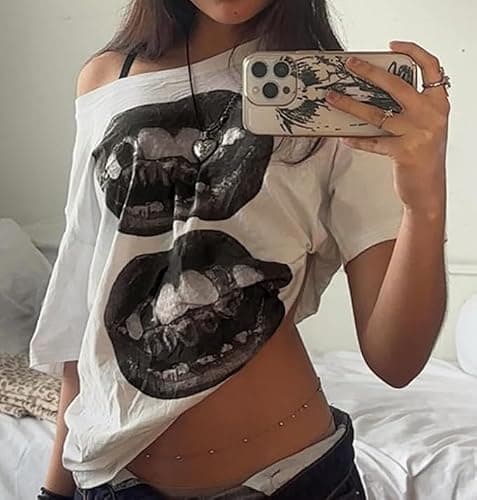 Pinclodly Off The Shoulder Tops for Women Short Sleeve Y2K Jersey Number Graphic Oversized Tshirts E-Girl Tees thumbnail 2