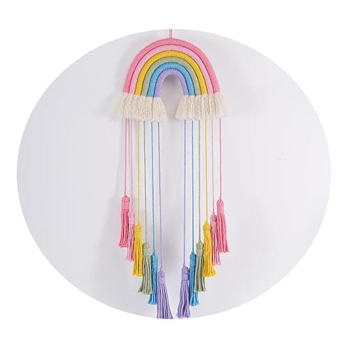 Honcas Rainbow Macrame Wall Hanging - Hand-Woven Cotton Tassel Tapestry Decor for Baby Room, Nursery, and Home Decor (Pink Rainbow) thumbnail 8