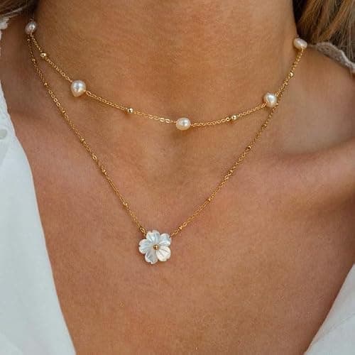 SmileBelle Pearl Necklaces, Daisy Pearls Choker for Women's Pearl Strand Necklaces as Silver and Gold Choker for Teens, Silver Daisy Birthday Gifts 3 Pearls White Necklace as Prom Bridesmaid gifts thumbnail 4