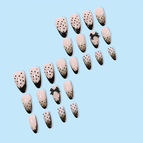 Black French Tip Press on Nails - Elegant Polka Dots with 3D Bow & Pearl Accents, Medium Almond Glossy False Nails, 24PCS Full Cover Manicure Kit thumbnail 5