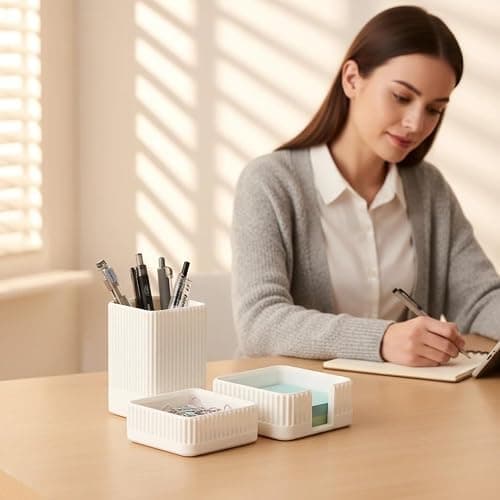 Aesthetic Desk Organizers and Accessories Set of 3 with Pen Holder,Paperclip Holder,Sticky Note Holder - Durable Plastic Pencil Holder for Office Women Men-Teacher Appreciation/Back-to-school Gift thumbnail 2