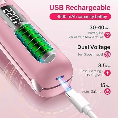 Cordless Hair Straightener and Curler 2 in 1 Mini Lightweight and Small USB Rechargeable with 4500mAh Battery 10s Fast Heating Portable Ceramic Flat Iron for Travel (Pink) thumbnail 3