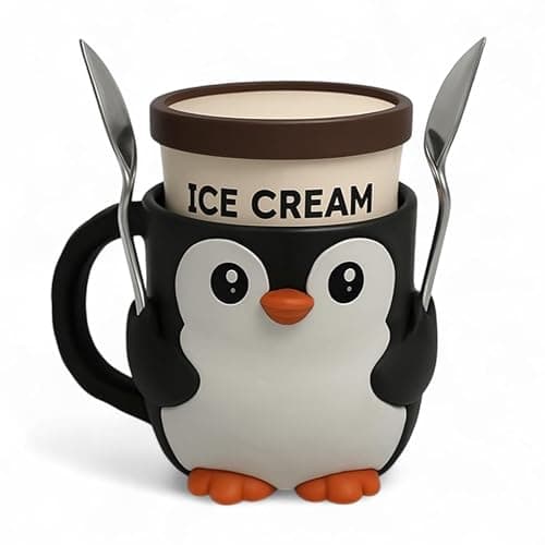 Ice Cream Pint Holder – Fits Standard Pints – Dual Spoon Sockets – Keeps Hands Warm – Fun Unique Designs with Vibrant Colors – Reusable Ice Cream Sleeve - Ramen Noodle Holder (Penguin) - Image 1