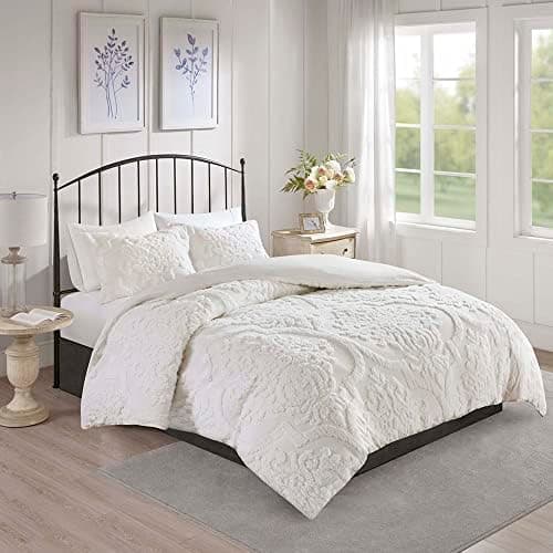 Madison Park Tufted Chenille 100% Cotton Duvet- Modern Luxe All Season Comforter Cover Bed Set with Matching Shams, King/Cal King(104"x92"), Damask Off White 3 Piece thumbnail 14