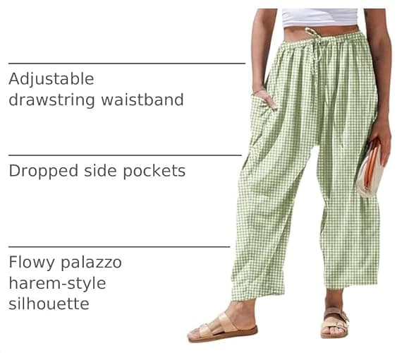 TARSE Womens Linen Wide Leg Striped Pants Casual Barrel Palazzo Harem Pants | Gingham Pants, Loose Fit Drawstring Baggy Pants, Side Pockets, Lounge Pants, Beach Travel Vacation Trousers thumbnail 4