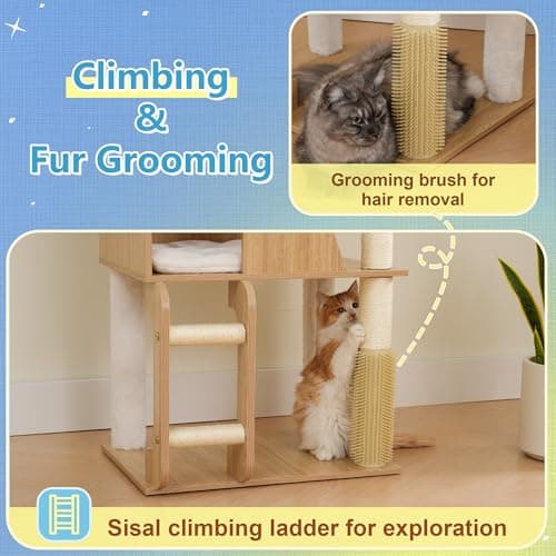 Hey-brother Wooden Cat Tree, 69.7 inch CatsFI urniture Tower with Large Platforms, Hammocks, Spacious Condo, Full Sisal Scratching Posts, Ladder, Brush, Water Proof Surface, White Oak MPJ121BT thumbnail 6