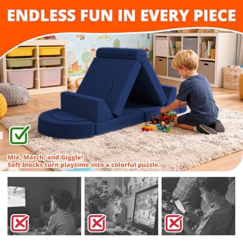 Fvkind Modular Kids Play Couch 16pcs, Kids Toddler Couch Building Fort for Playroom, Bedroom, Toddler Sectional Play Sofa, Convertible Foam Cushion Sofa for Boys and Girls, Blue thumbnail 3