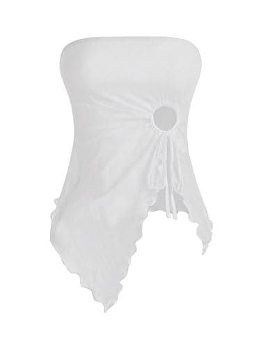 SOLY HUX Women's Mesh Drawstring Split Tube Top Strapless Sleeveless Asymmetrical Hem Summer Tops - Image 1