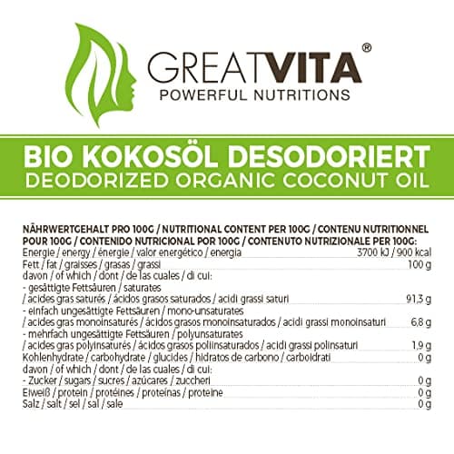 GreatVita Kokosöl, Geschmacksneutral (desodoriert), 1000 ml im Bügelglas zum Kochen Braten Backen thumbnail 6