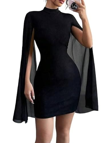 IQLWI Women's Sexy Glitter Mini Dress Mock Neck Cloak Sleeve Cocktail Shimmering Elegant Dresses Wedding Guest Party Evening - Image 1