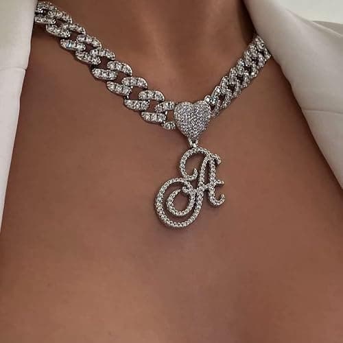 BLBLJERY Initial Necklaces Silver Cuban Link Chain for Women Iced Out Chain with Heart Letter Pendants Custom Chain Name Necklace Hip Hop Jewelry Gift thumbnail 3