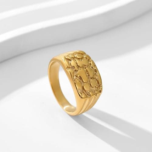 Gold Plated Nugget Ring for Men & Women – Stainless Steel Chunky Hip Hop Rings - Hypoallergenic Unisex Jewelry – US Size 5-13 – Gift Box Included thumbnail 2