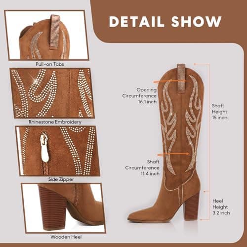 Celbreez Cowgirl Boots for Women Embroidered Rhinestone Cowboy Boots | 3.2 Inches Chunky Heel, Suede, Knee High Tall, Wide Calf, Side Zipper - Vintage Western Boots, Festivals and Country Outfits thumbnail 7