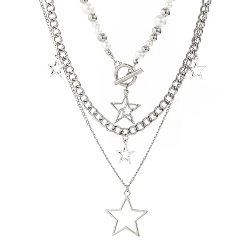 Inactwin Star Y2k Silver Necklace Grunge Layered Necklace Cute Aesthetic Stack Toggle Chain Necklaces Gothic Vintage Emo Jewelry Set for Women - Image 1