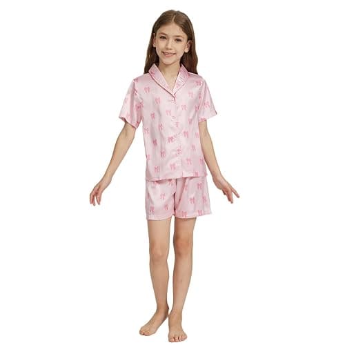 Ewbob Girls Silk Satin Pyjamas Set Short Sleeve Button-Down Kids PJs Breathable Soft Nightwear Children Sleepwear Age 5-14 thumbnail 2