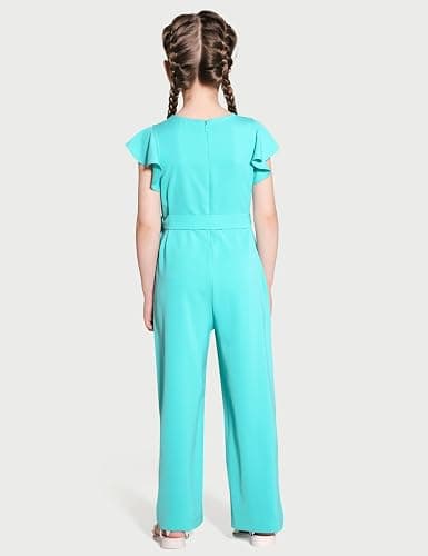 Hvididan Girls Jumpsuit Wide Leg Loose Ruffle Sleeve Crew Neck Rompers with Pockets Casual Fashion 5-14Y thumbnail 6