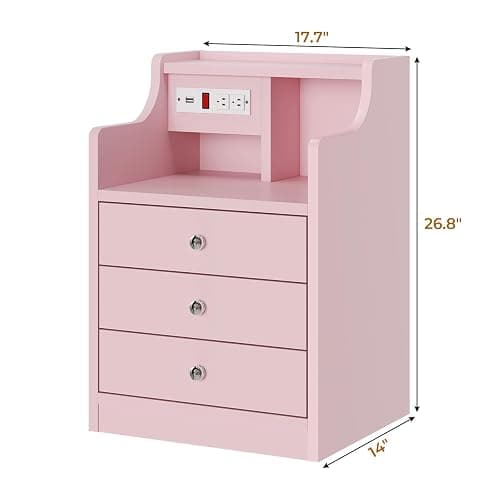 ADORNEVE Night Stand Set 2,Pink Nightstand with Charging Station & Hutch,Night Stands for Bedrooms Set of 2,Bedside Table with Drawers - 2PC - Pink thumbnail 3
